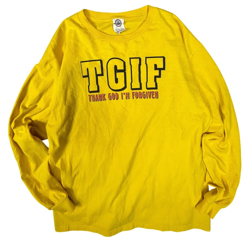 Delta Proweight‎ Mens Yellow TGIF Thank God Im Forgiven Long Sleeve Shirt Large